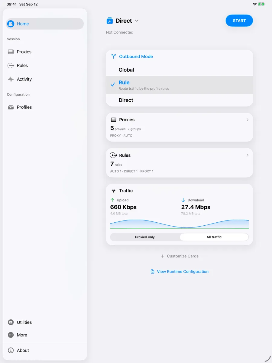 Clash on a fresh iPad install, with Home, Proxies, Rules, and Profiles in the sidebar