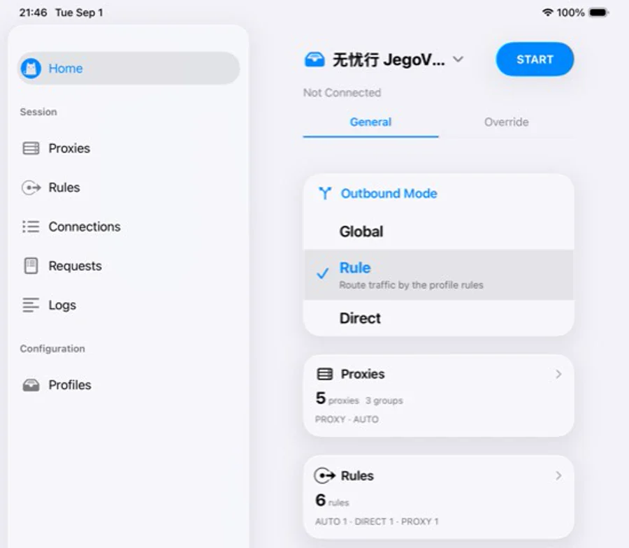Clash Home while disconnected and the Profiles sidebar entry on iPad