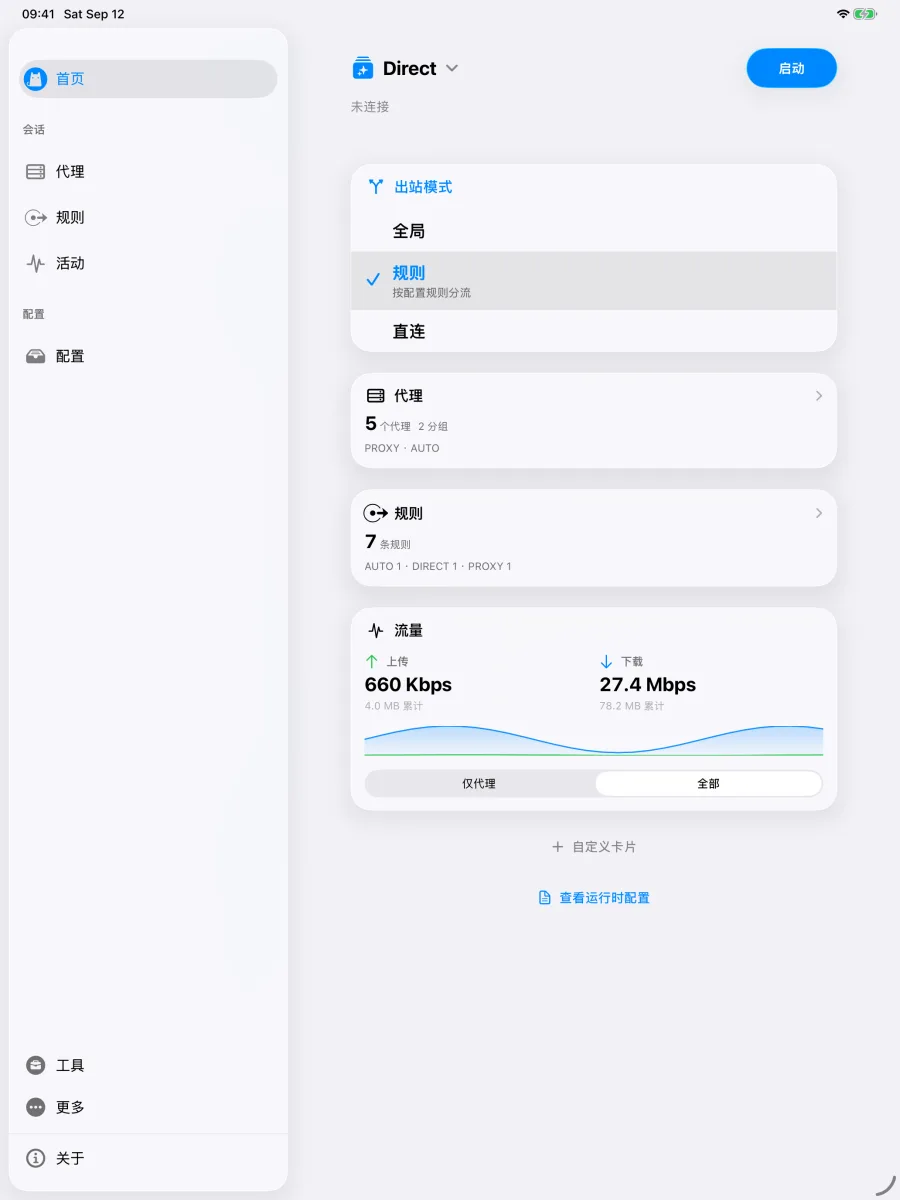 iPad 上刚安装好的 Clash，左侧栏有首页、代理、规则和配置