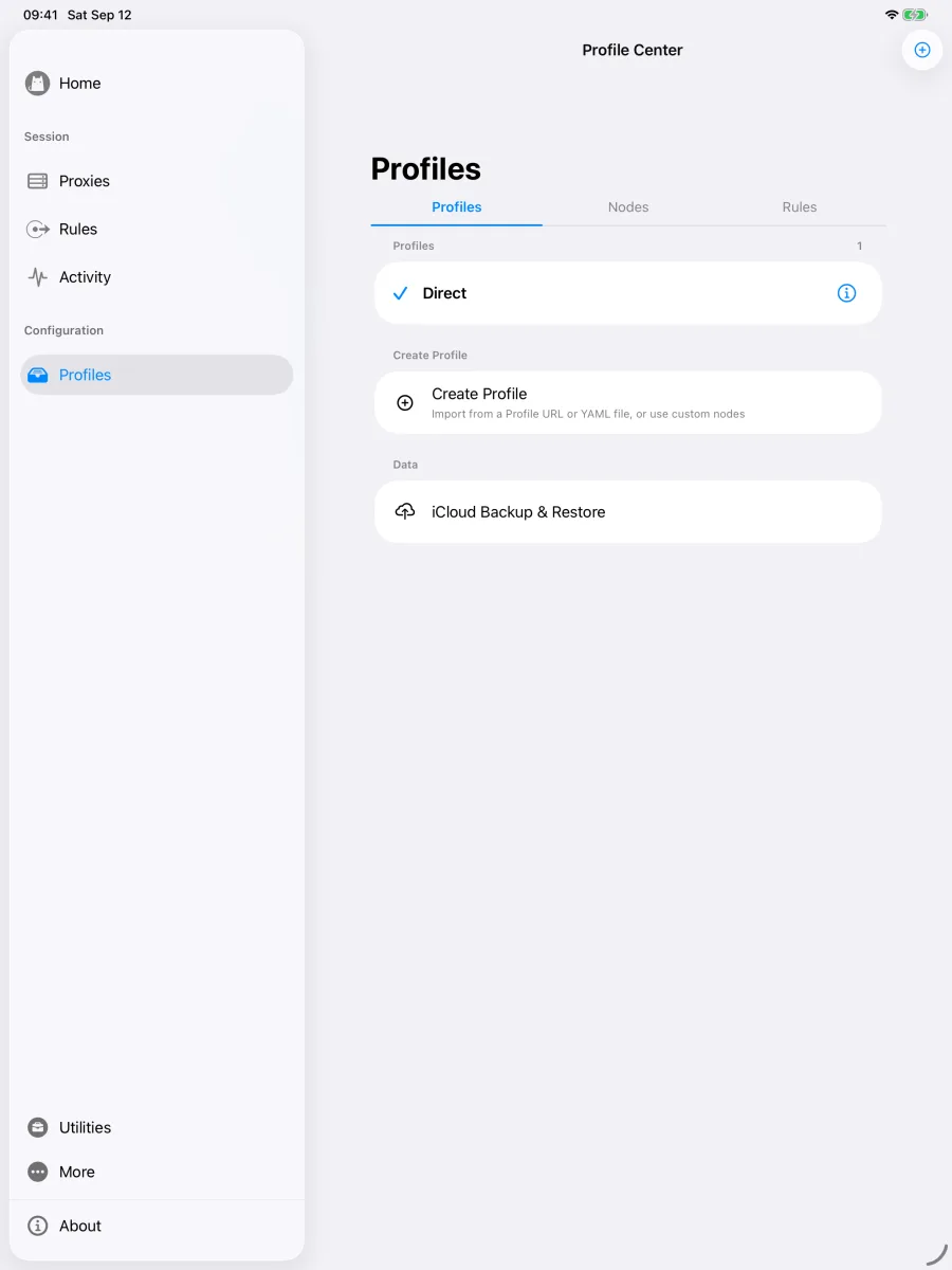 Profile Center on iPad with the Profiles, Nodes, and Rules tabs
