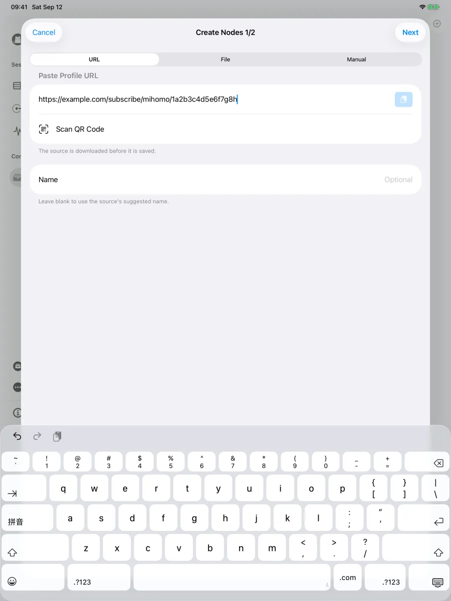 The Create Nodes window on iPad with the Mihomo URL pasted on the URL tab