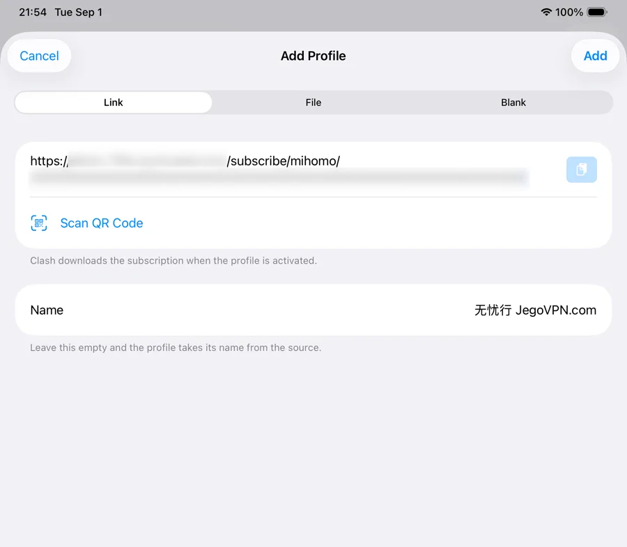 Add Profile on iPad with a blurred Mihomo URL and the Jego name filled in