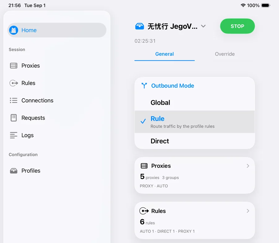 Clash on iPad connected with the Jego Profile and Rule selected