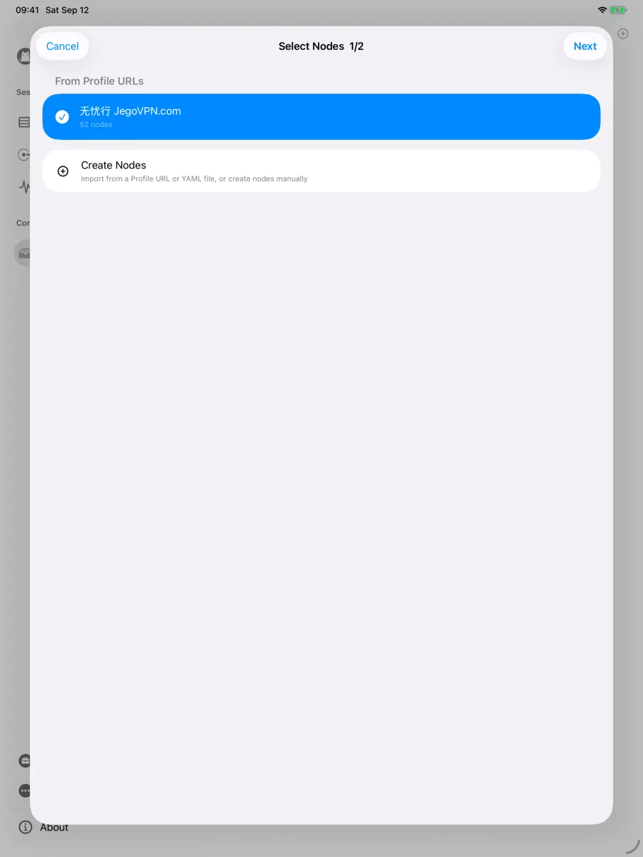The Select Nodes window on iPad with 无忧行 JegoVPN.com checked