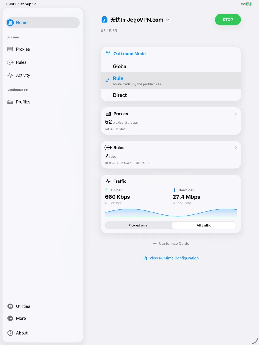 Clash running on iPad with a green STOP button