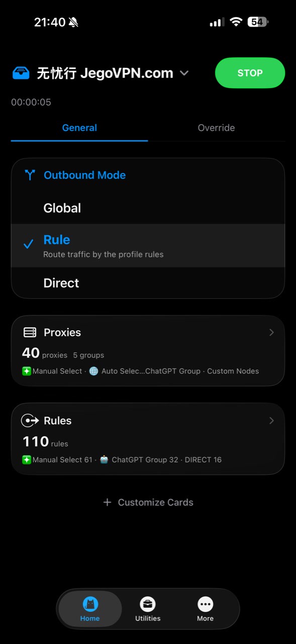 Clash running on a real iPhone with the Jego Profile and Rule selected