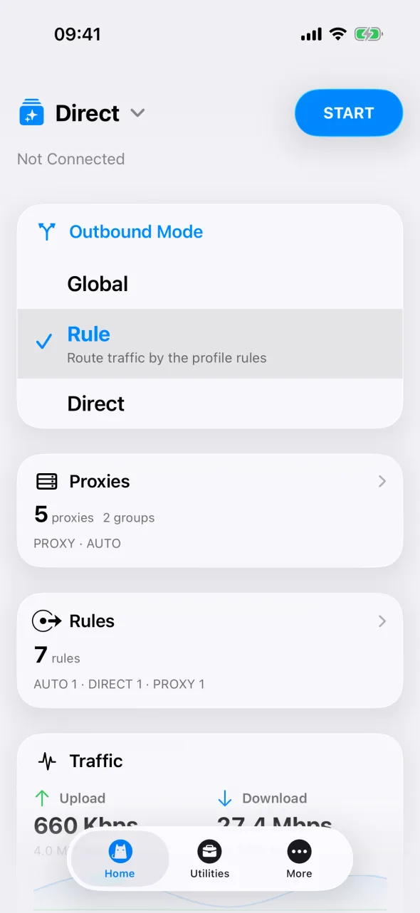 Clash Home on a fresh iPhone install, showing the built-in Direct profile