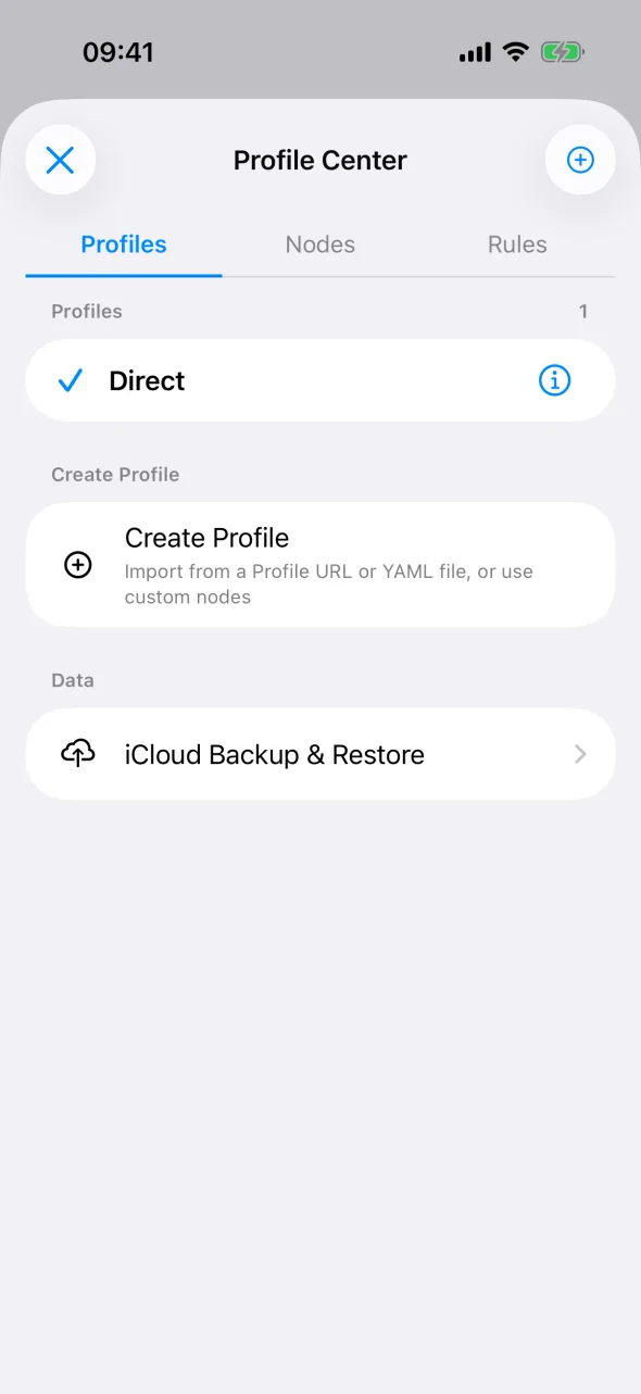 Profile Center on iPhone with the Profiles, Nodes, and Rules tabs