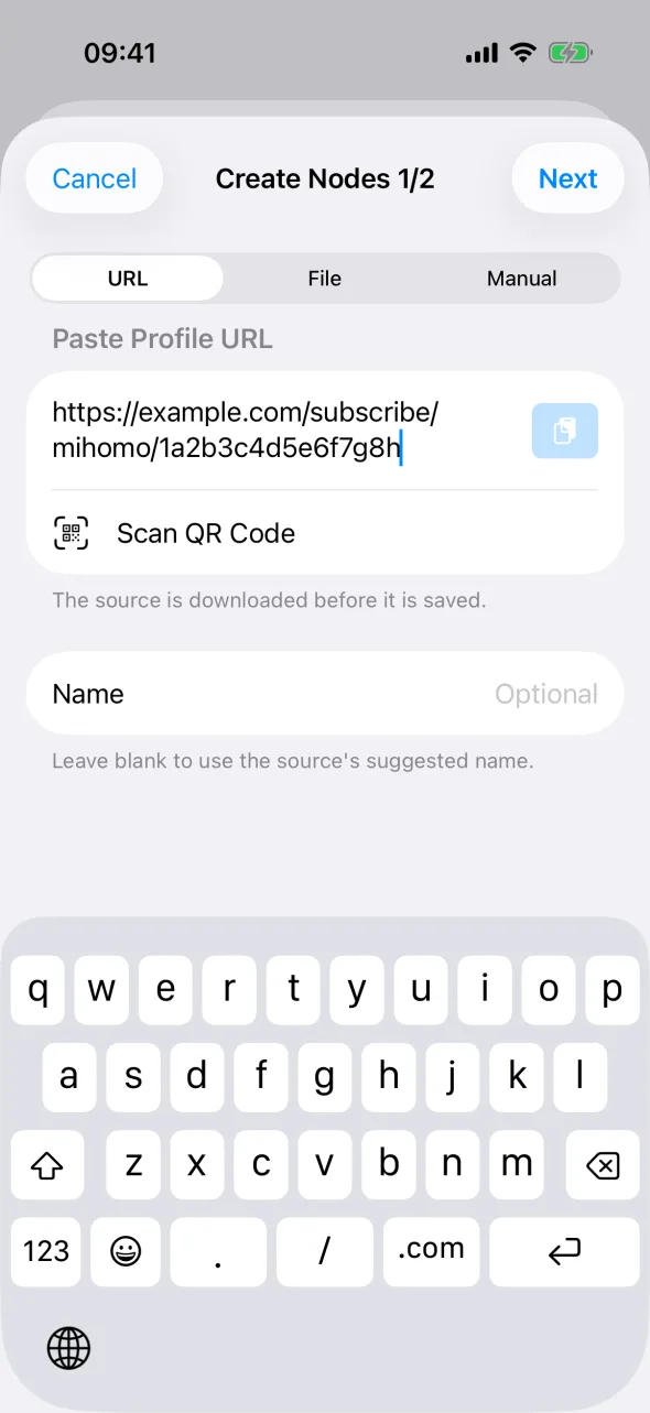 Create Nodes on iPhone with the Mihomo URL pasted on the URL tab