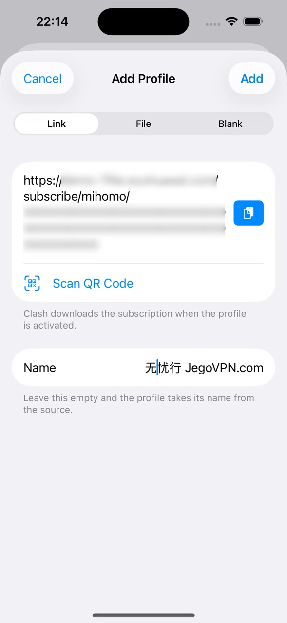 Add Profile on iPhone with the Jego name and a blurred Mihomo subscription URL filled in