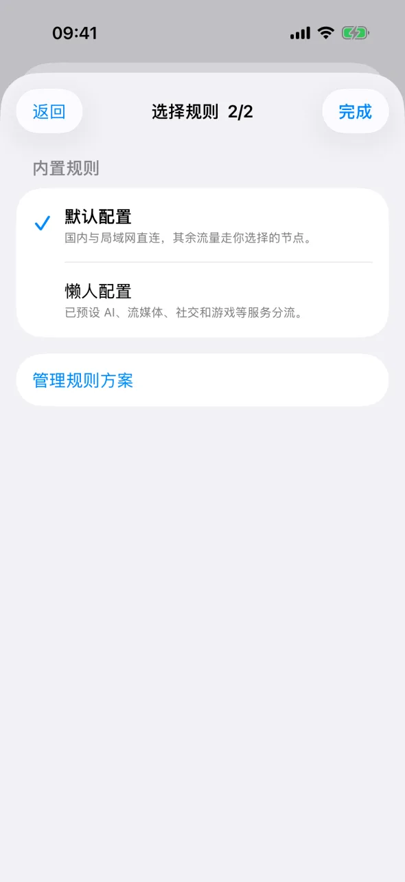 iPhone 上的选择规则页面，默认配置已选中