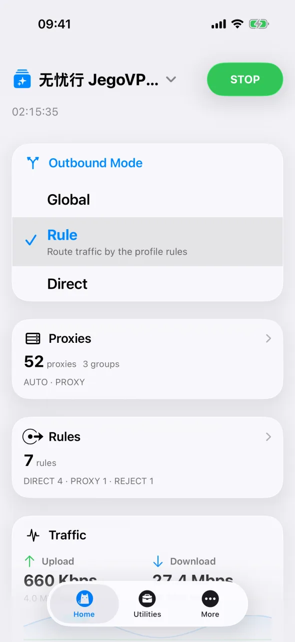 Clash running on iPhone with a green STOP button