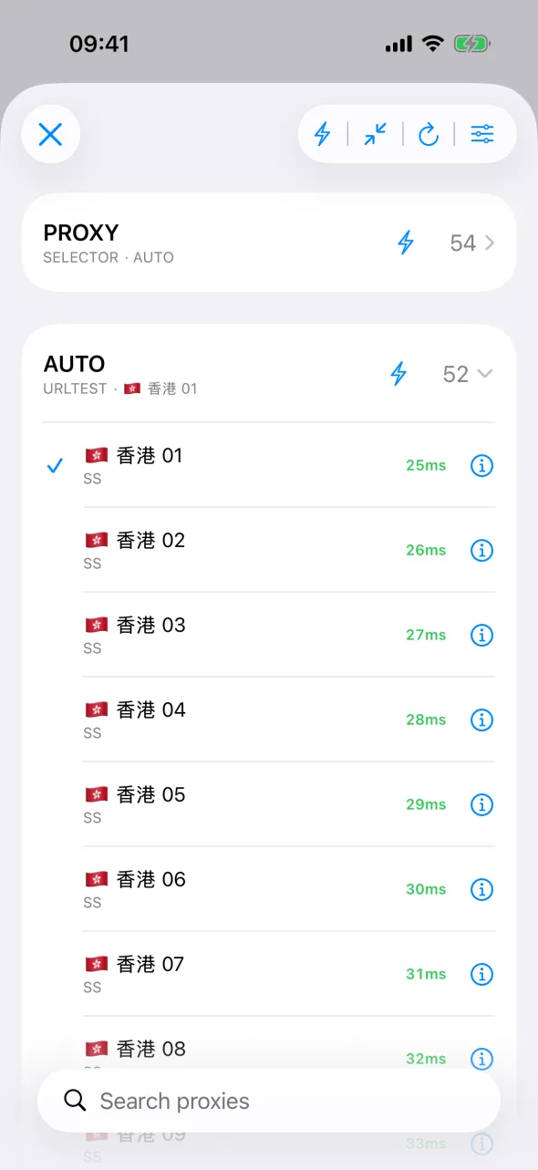 The Proxies screen on iPhone with a node checked inside an expanded group