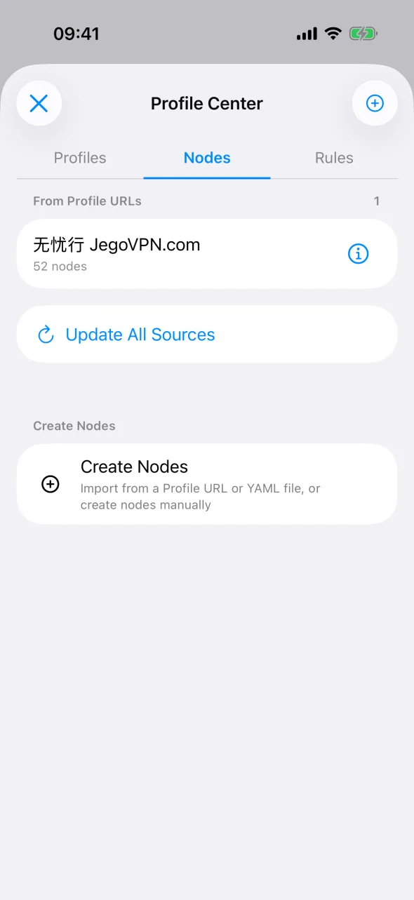 The Nodes tab on iPhone listing profile URL sources and Update All Sources