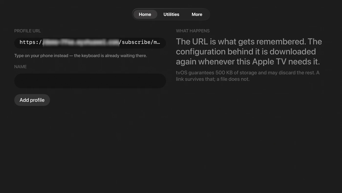 Apple TV 添加 Profile 页面已输入经过模糊处理的 Mihomo 订阅地址