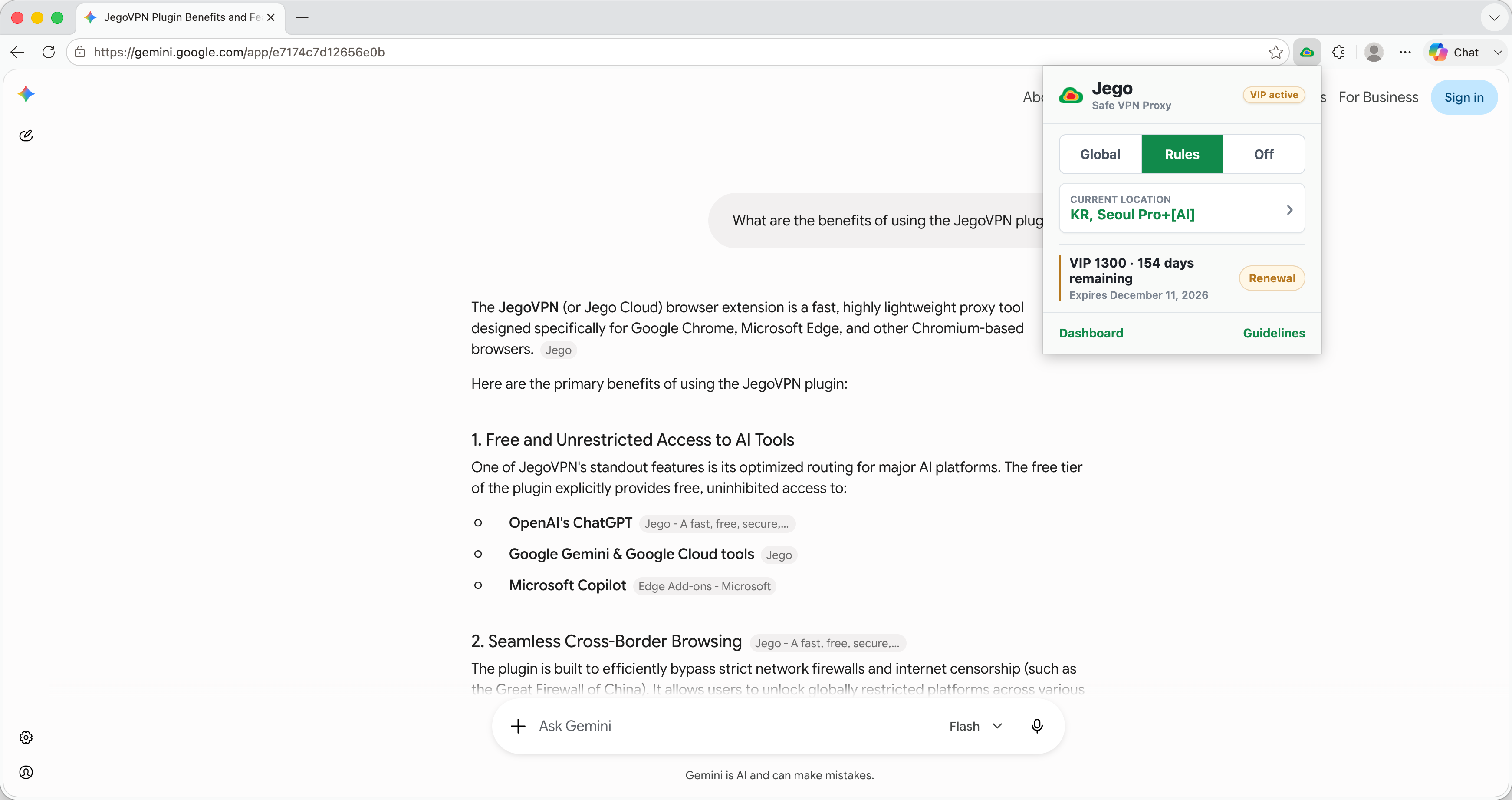 Access Gemini with the Jego browser extension