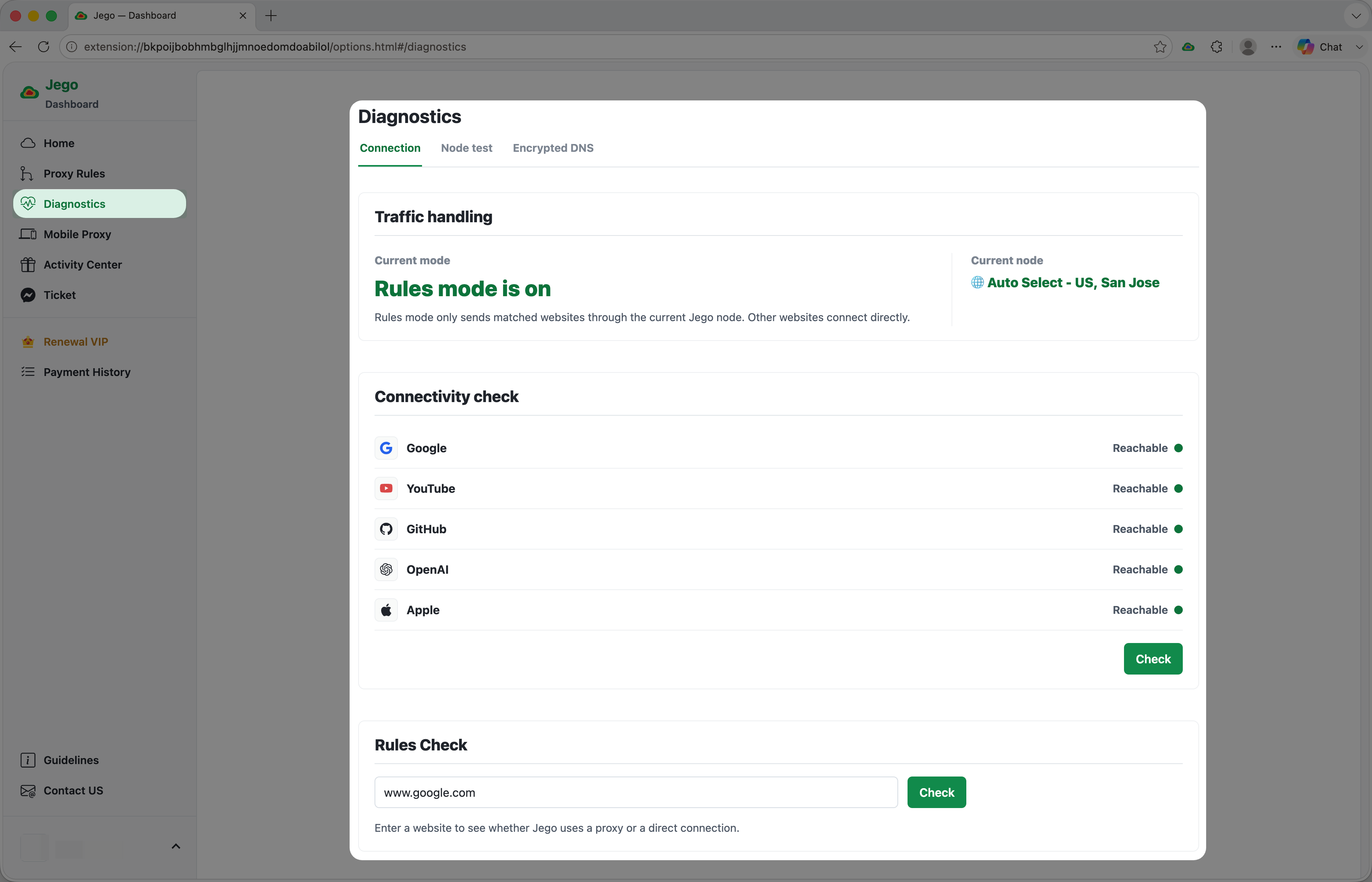 The Jego Diagnostics page in the Dashboard