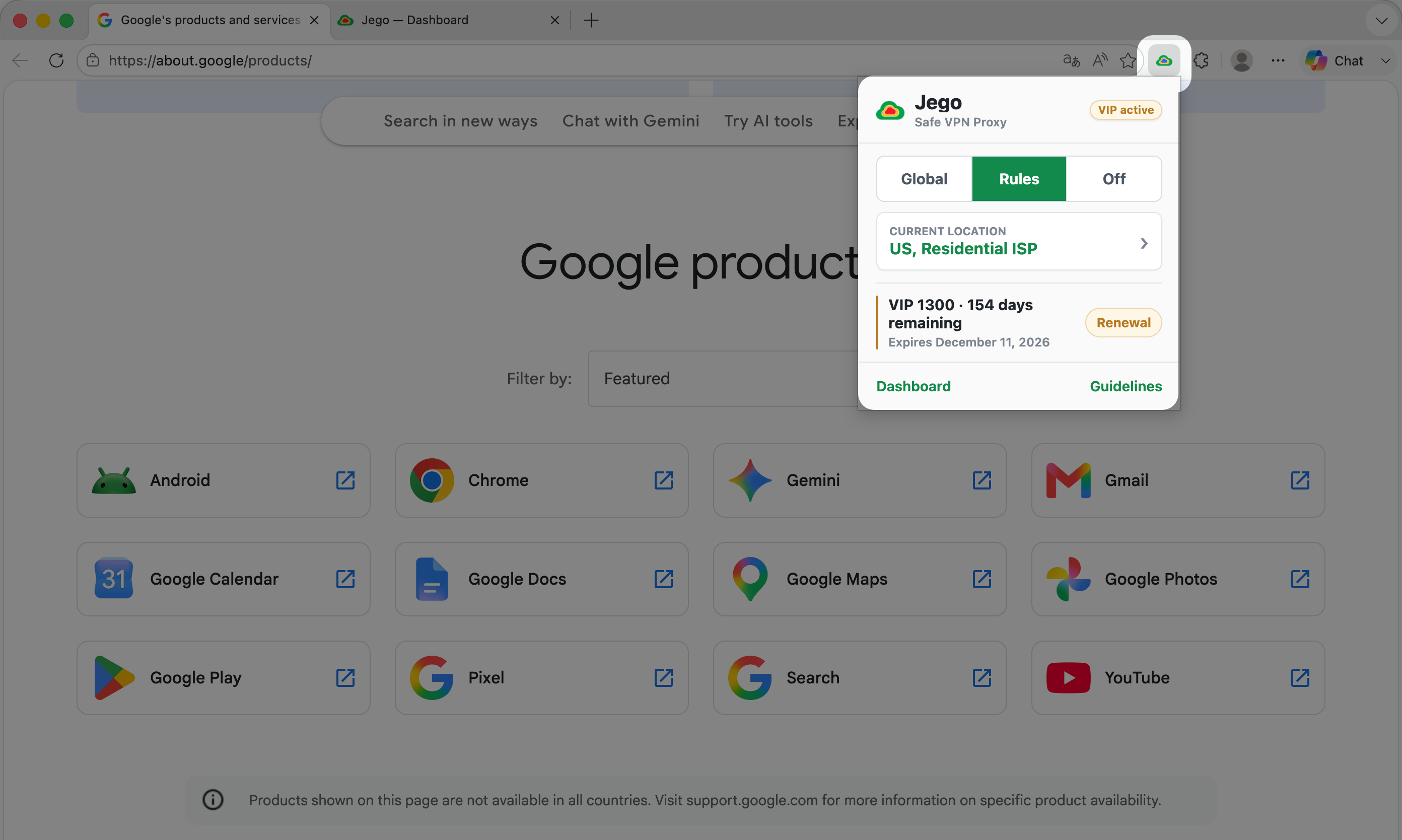 The Jego extension popup open in Chrome
