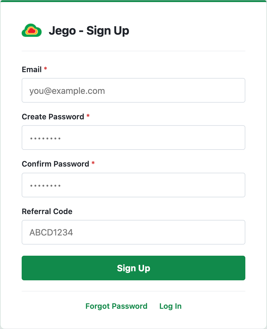 Jego sign-up page
