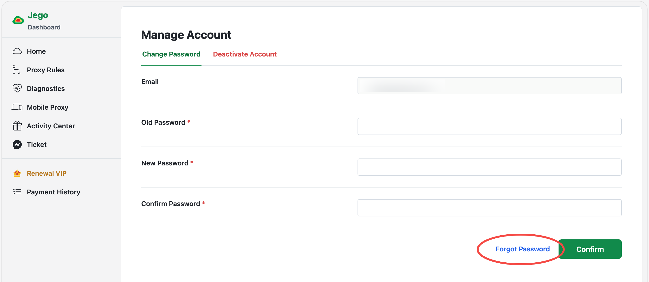 Account management forgot password